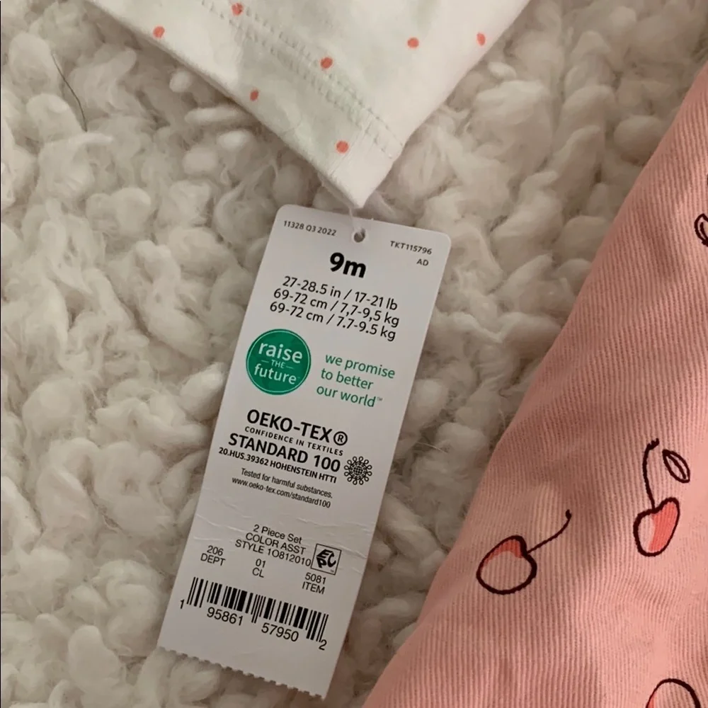 New Carters Pink Cherry 🍒 Polka Dot Patterned Pinafore Dress + Onesie 9 Months